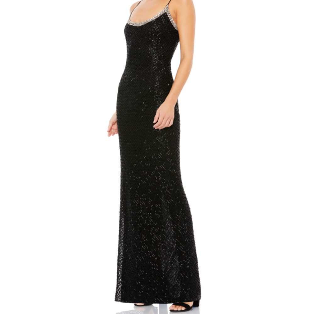 Mac Duggal 93551 Lattice Bead Sheath Slip Gown in Black Size 12 NEW WITH TAGS